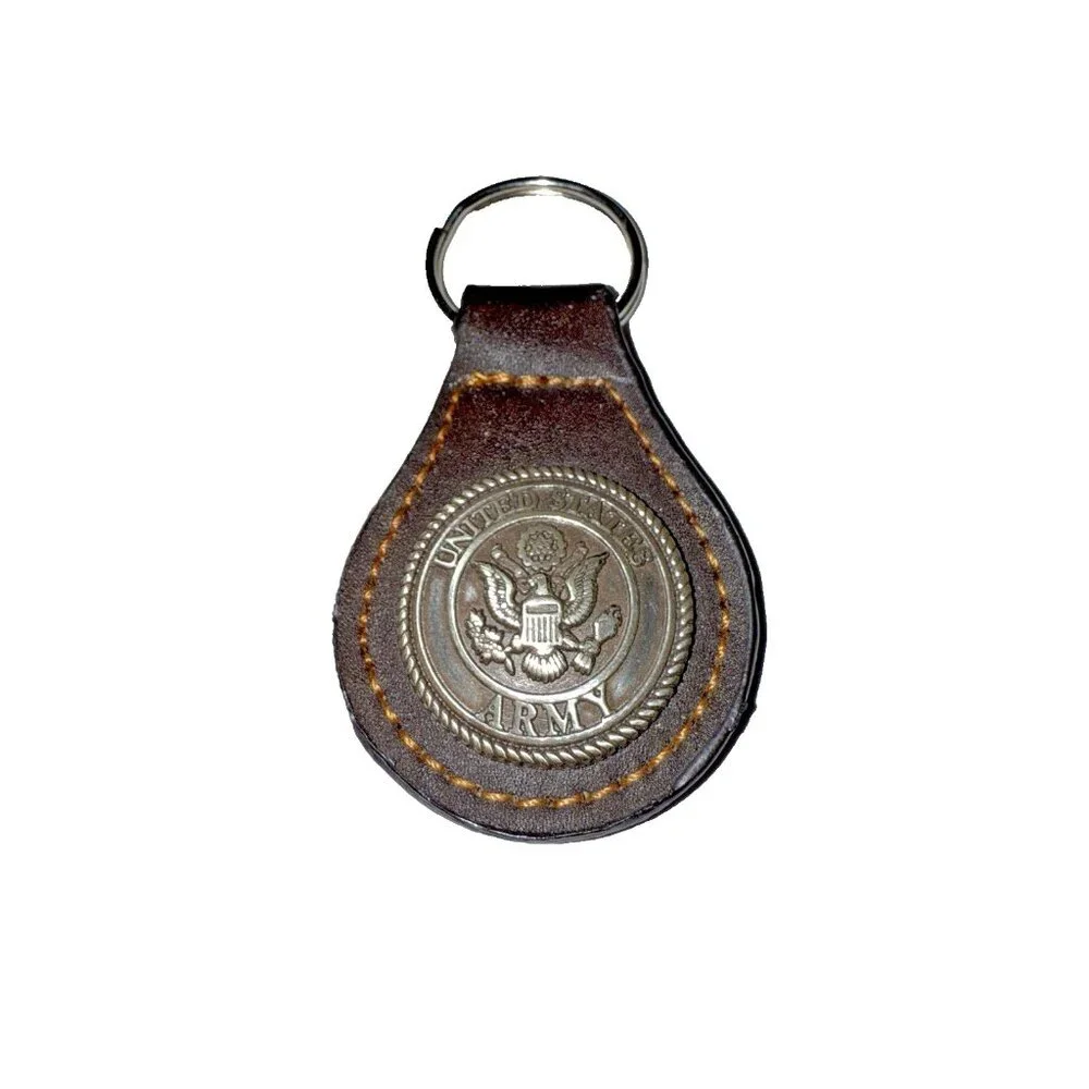 US Army Brown Leather Silver Concho Military Key Ring Chain Unisex